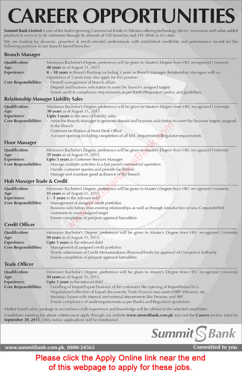 Summit Bank Jobs in Karachi 2015 September Apply Online Managers, Credit Officer & Trade Officer Latest