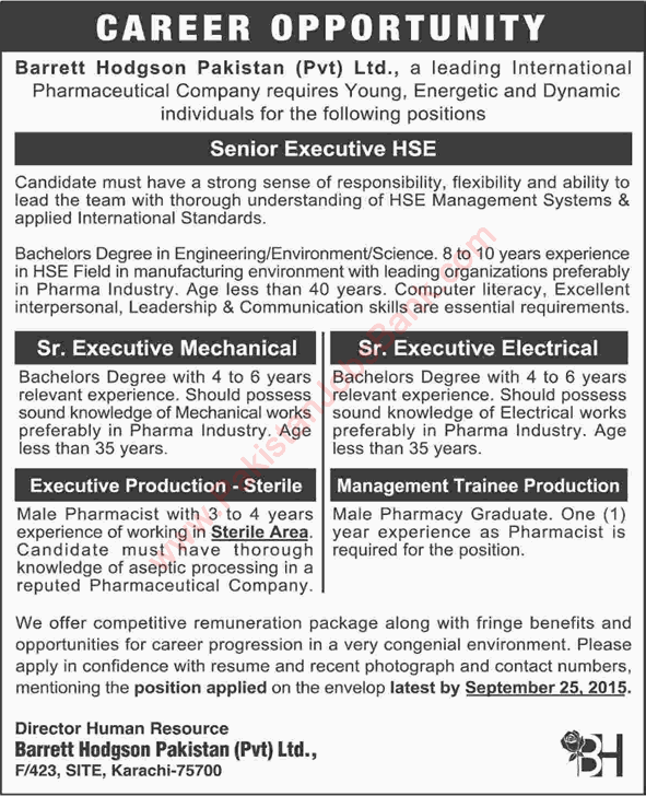 Barrett Hodgson Pakistan Jobs 2015 September Karachi Engineers, Pharmacist & Management Trainee