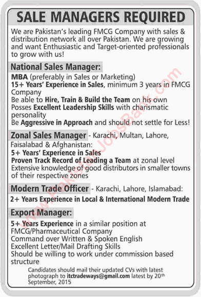 Sales / Export Managers & Trade Officer Jobs in Pakistan 2015 September for FMCG Company Latest