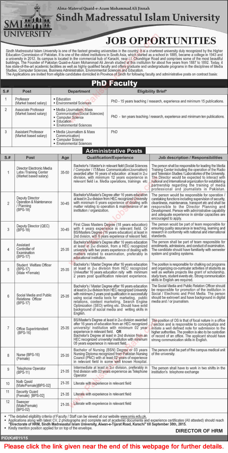 Sindh Madressatul Islam University Karachi Jobs 2015 September Teaching Faculty & Administrative Staff