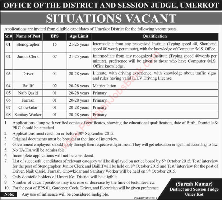 District and Session Court Umerkot Jobs 2015 September Sindh Clerks, Stenographer, Driver & Others