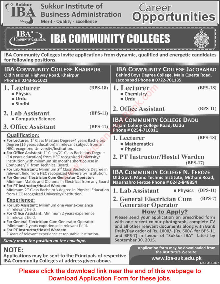 IBA Community Colleges Jobs 2015 September Sindh Application Form Teaching Faculty & Admin Staff