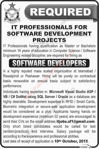 Software Developer Jobs in Government Sector 2015 September Pakistan Air Force Latest