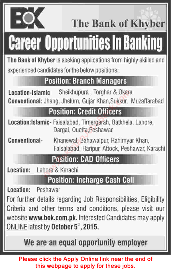Bank of Khyber Jobs 2015 September Online Apply Managers, Credit / CAD Officers & Cash Cell Incharge