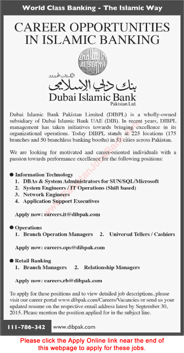 Dubai Islamic Bank Pakistan Jobs 2015 September Online Apply Managers, Cashiers & IT / System Engineers