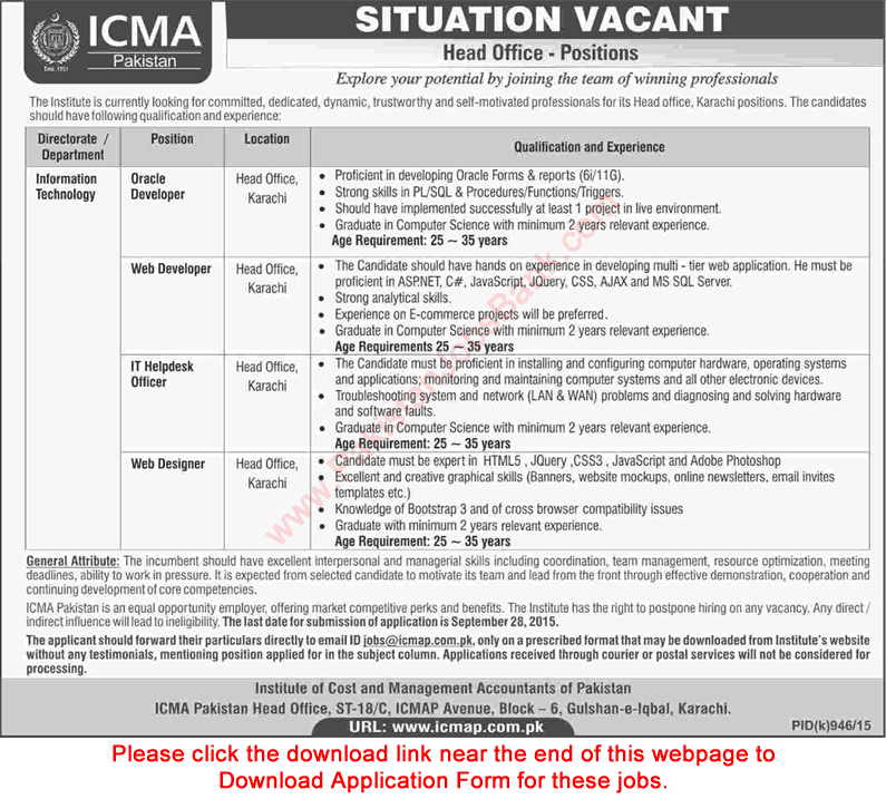ICMA Pakistan Jobs 2015 September Karachi Application Form Oracle / Web Developer / Designer & IT Officer