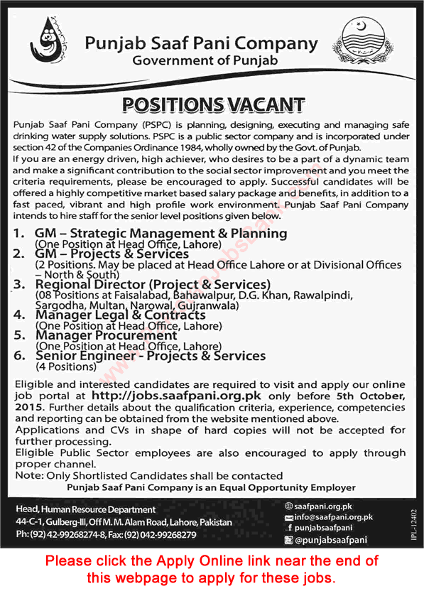 Punjab Saaf Pani Company Jobs 2015 September Online Apply Directors, Managers & Senior Engineers