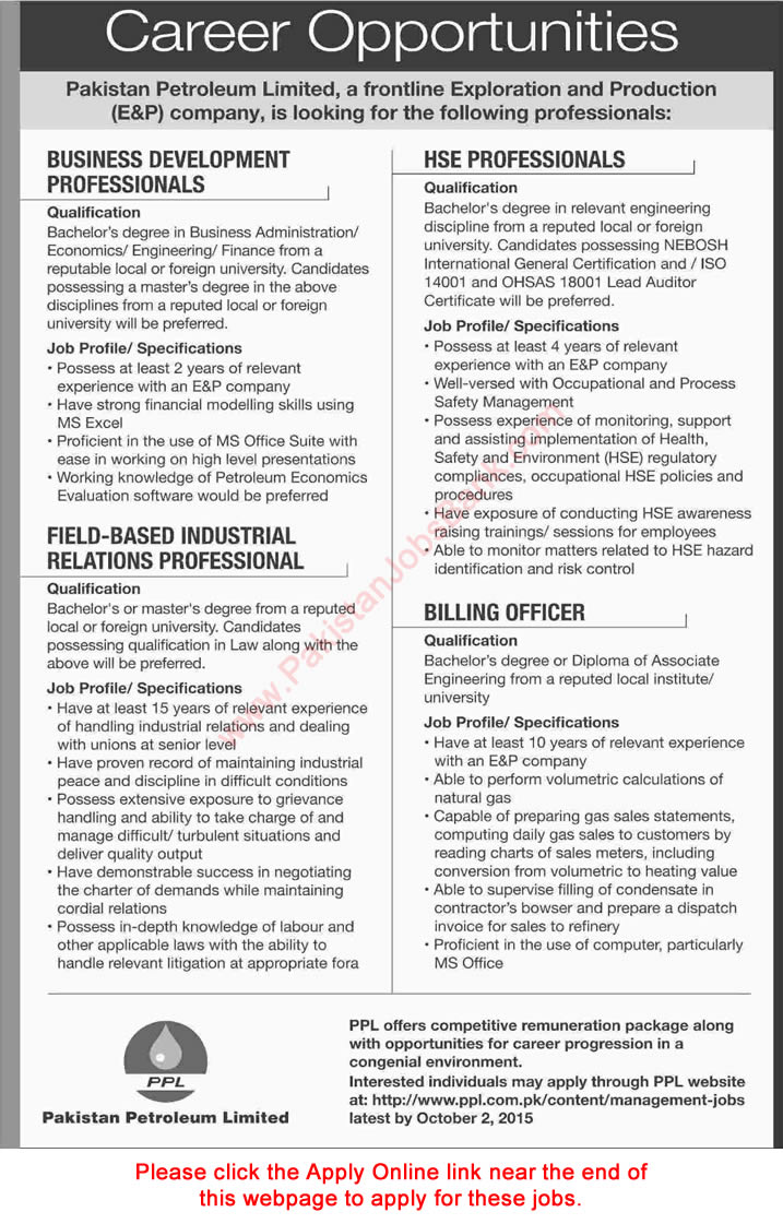 Pakistan Petroleum Limited Jobs 2015 September PPL Apply Online Professionals & Billing Officer