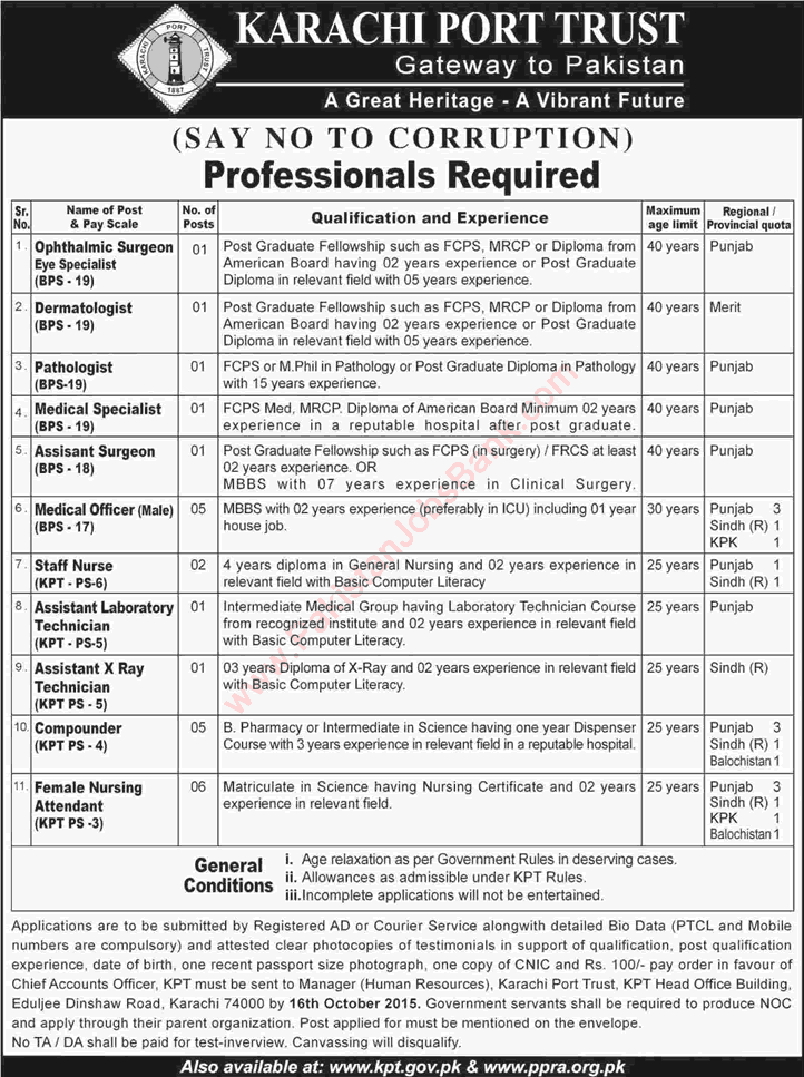 Karachi Port Trust Jobs 2015 October Medical Officers, Compounders, Nursing Attendants & Others