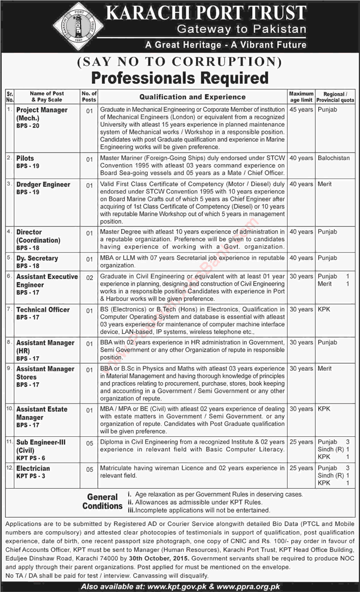 Karachi Port Trust Jobs 2015 October KPT Civil / Mechanical Engineers, Pilot, Electricians & Others