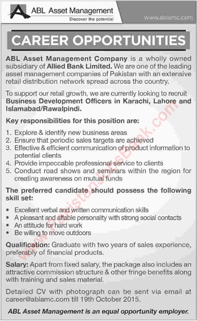ABL Asset Management Company Jobs 2015 October Business Development Officers Latest