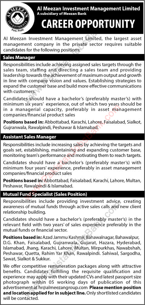 Al Meezan Investment Management Jobs 2015 October Sales Managers & Mutual Fund Specialist Latest