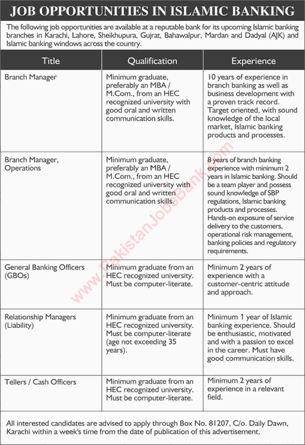 Islamic Banking Jobs in Pakistan 2015 October Branch / Relationship Managers, Cash Officers & Others