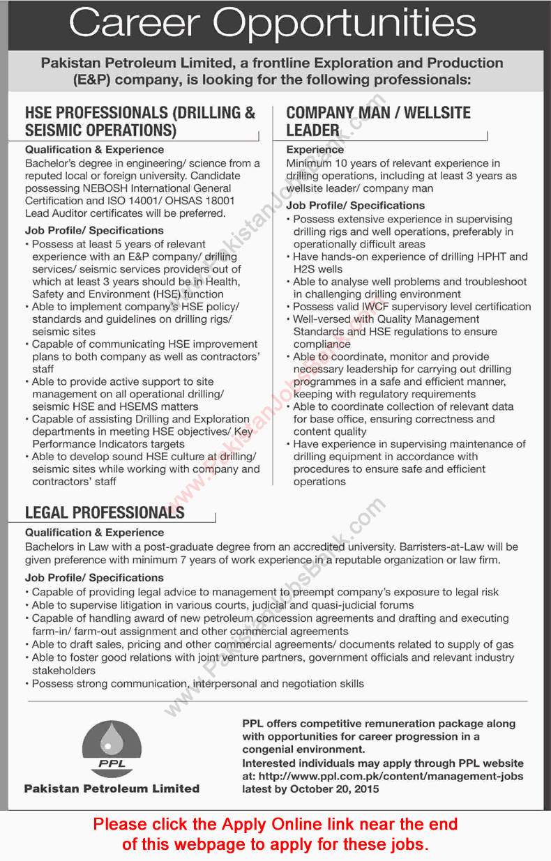 Pakistan Petroleum Limited Jobs October 2015 PPL Apply Online Legal / HSE Professionals & Wellsite Leader