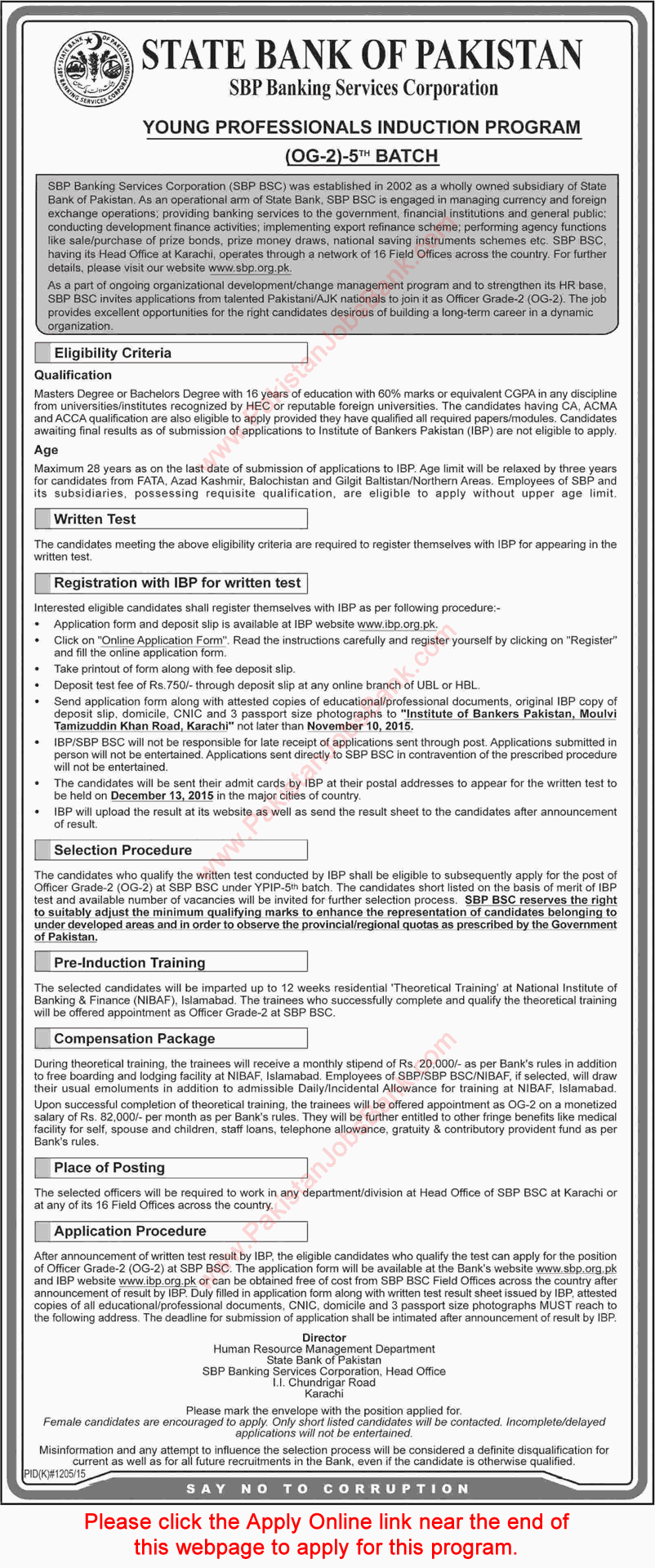 SBP Young Professionals Induction Program 2015 October Online Application Form YPIP OG-2 5th Batch