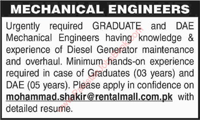 Mechanical Engineering Jobs in Karachi October 2015 at Rental Mall