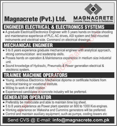 Magnacrete Pvt. Ltd Karachi Jobs 2015 October Engineers, Generator & Trainee Machine Operators