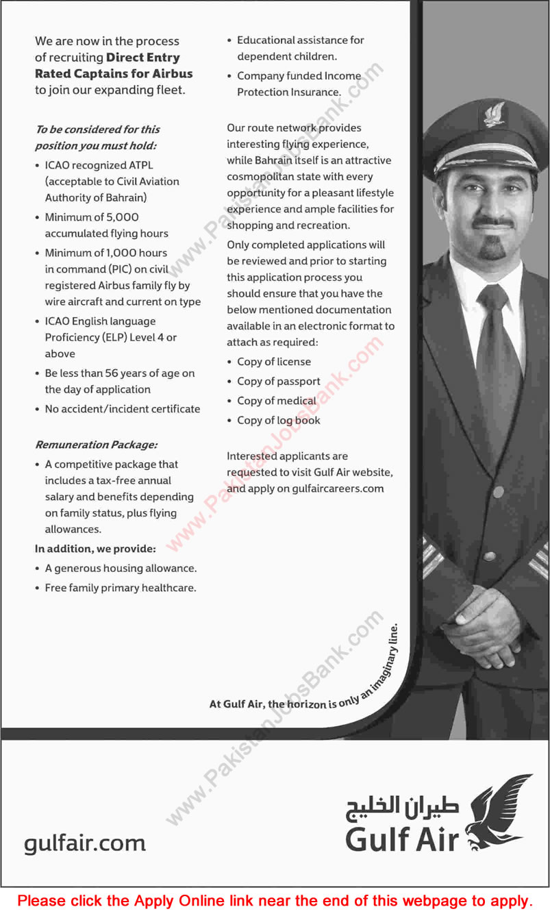 Gulf Air Pilot Jobs 2015 October for Pakistani Captains Apply Online Latest