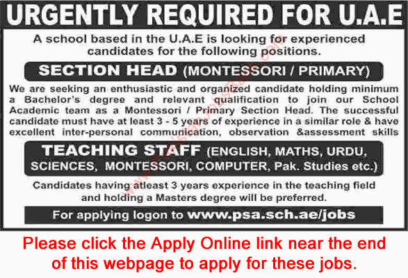 Pakistani School Ajman Jobs 2015 October Apply Online UAE Teaching Staff & Section Head