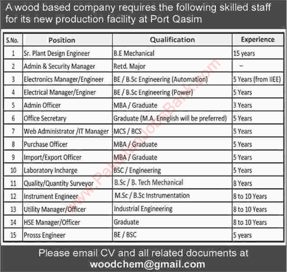 Wood Based Company Jobs in Port Qasim Karachi 2015 October Engineers & Admin Staff