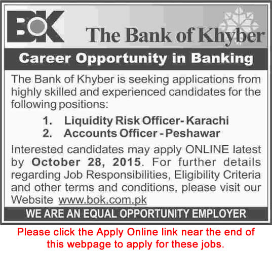 Bank of Khyber Jobs 2015 October BOK Apply Online Liquidity Risk Officer & Accounts Officer Latest