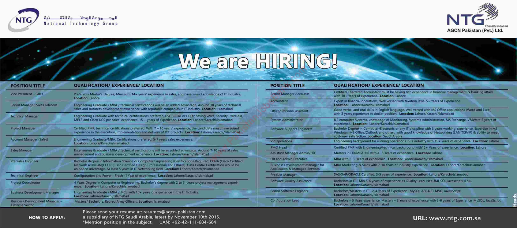 National Technology Group Jobs 2015 November NTG / AGCN Pakistan Latest Advertisement