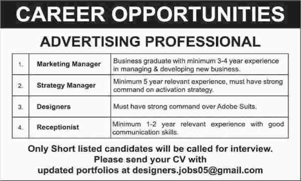 Marketing / Strategy Manager, Designer & Receptionist Jobs in Pakistan 2015 November