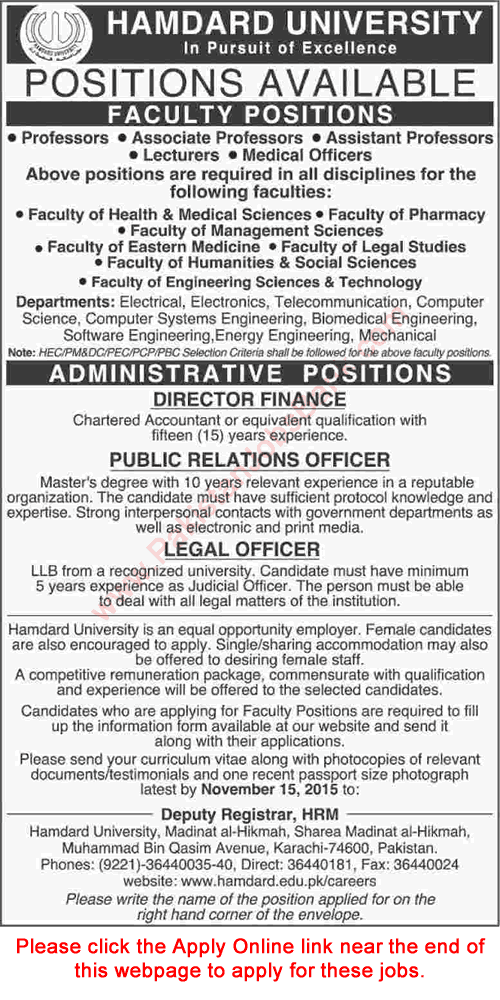 Hamdard University Karachi Jobs 2015 November Application Form Teaching Faculty & Admin Staff