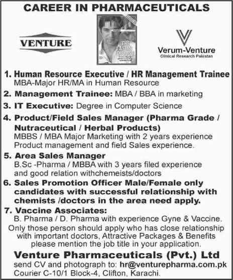 Venture Pharmaceuticals Karachi Jobs 2015 November Management Trainees, Sales & Other Staff
