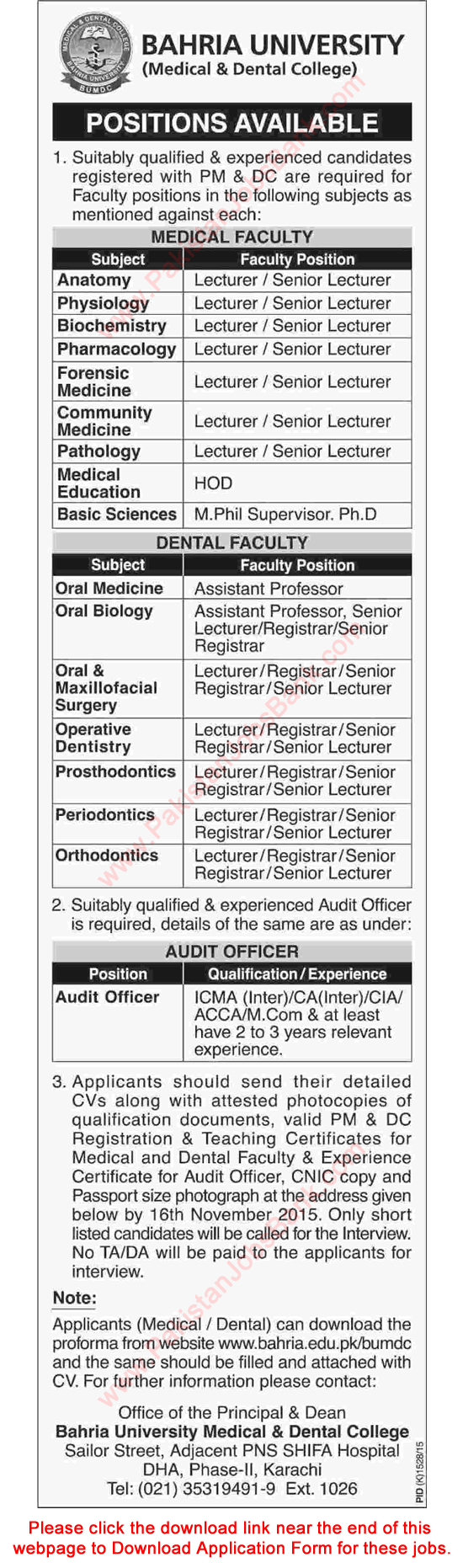 Bahria University Karachi Jobs 2015 November Application Form Medical / Dental Faculty & Audit Officer