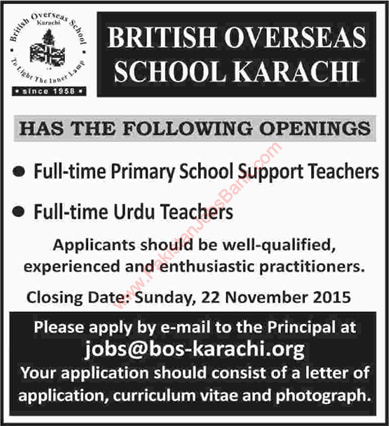 Teaching Jobs in British Overseas School Karachi November 2015 Latest