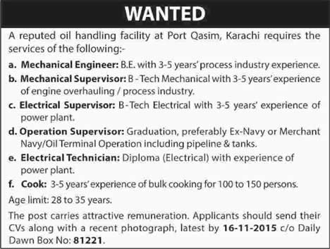Oil Handling Facility Port Qasim Karachi Jobs 2015 November Engineers, Supervisor & Cook Latest