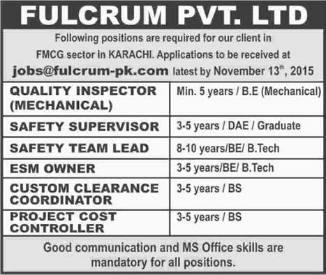 Fulcrum Karachi Jobs 2015 November Mechanical Engineer, Safety Officers, Customer Officers & Others
