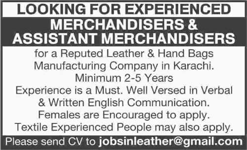 Merchandiser Jobs in Karachi November 2015 Leather & Hand Bags Manufacturing Company