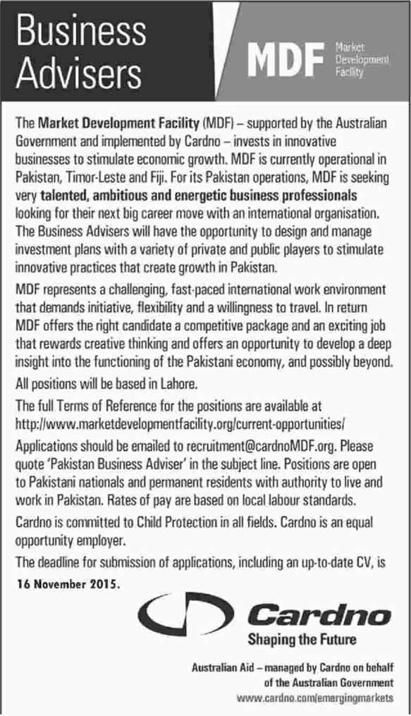 Market Development Facility Pakistan Jobs 2015 November Business Advisers at Cardno Latest