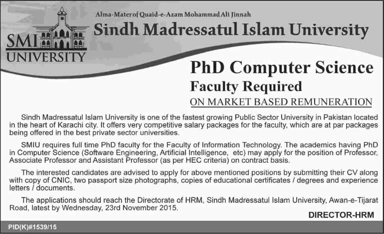 Sindh Madressatul Islam University Karachi Jobs 2015 November Teaching Faculty of Computer Science