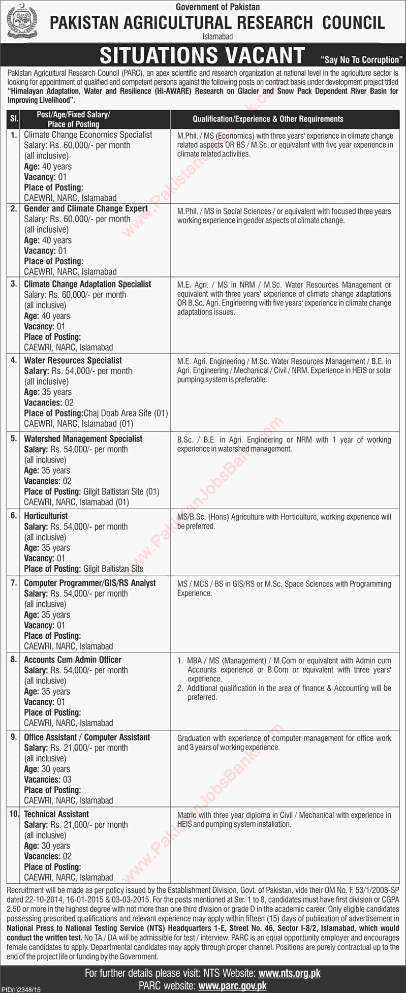 PARC Jobs November 2015 Project Specialists, Office / Technical Assistants, Admin Officer & Others