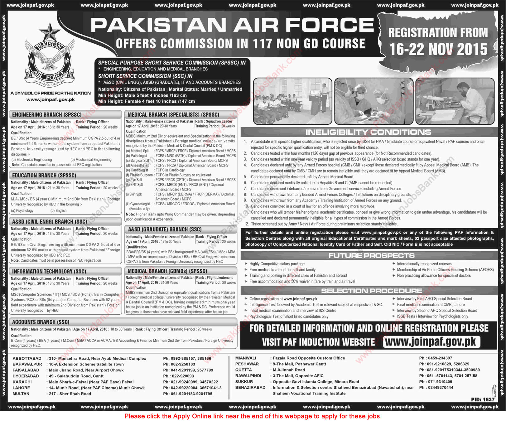 Join Pakistan Air Force November 2015 Online Registration Commission in 117 Non GD Course Jobs in PAF