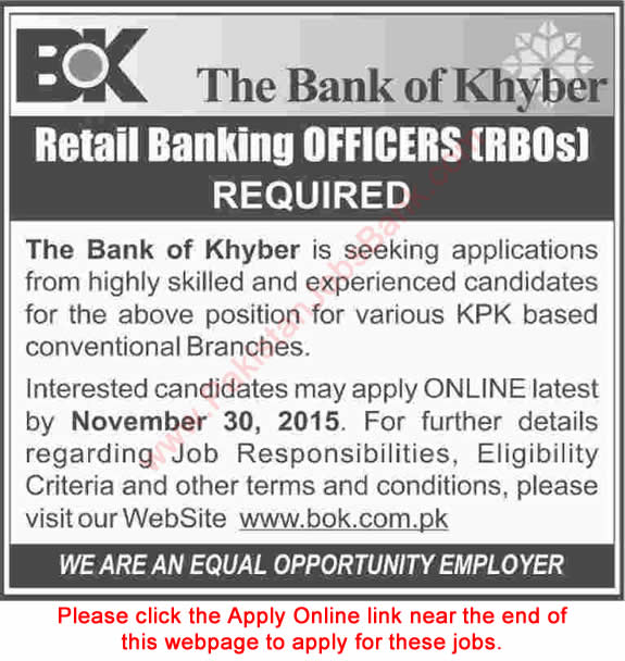 Retail Banking Officer Jobs in Bank of Khyber 2015 November BOK Online Apply KPK Branches Latest