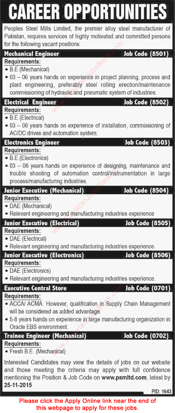 Peoples Steel Mills Jobs November 2015 Apply Online Engineers & Executives Latest