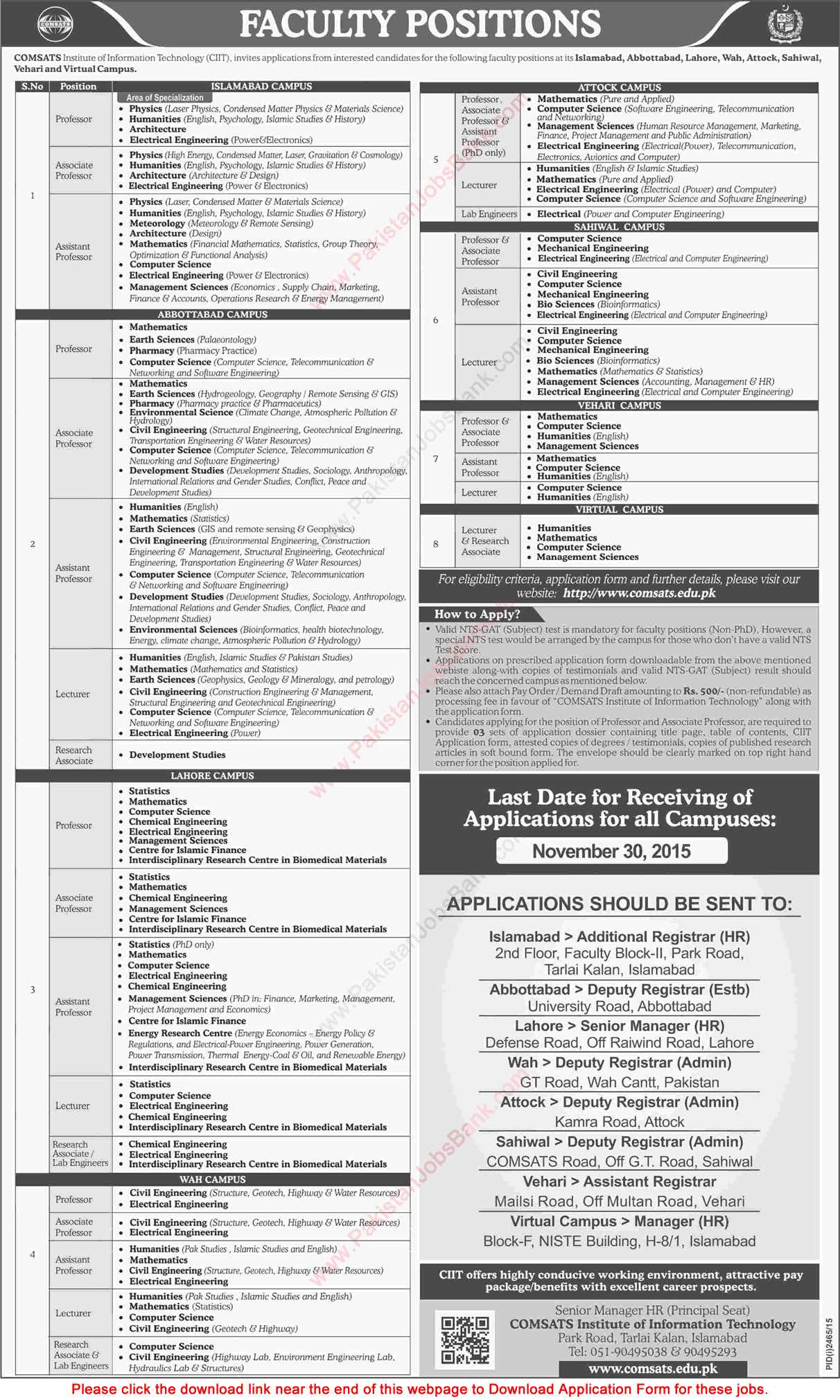 COMSATS Institute of Information Technology Jobs 2015 November CIIT Application Form Teaching Faculty