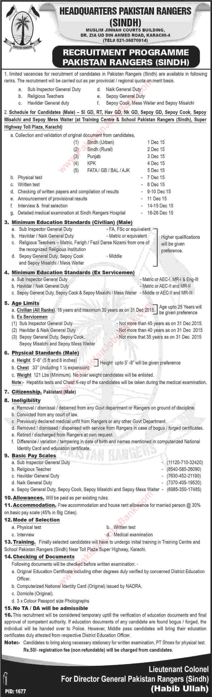 Pakistan Rangers Sindh Jobs November 2015 Sub Inspectors, Naik, Havildar, Sipahi & Others