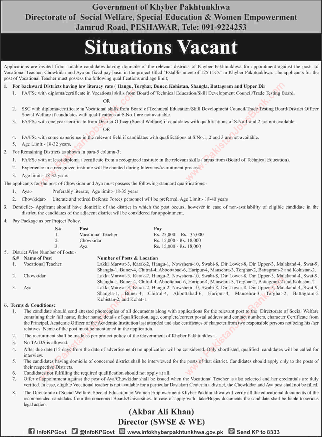 Social Welfare Department KPK Jobs 2015 November Vocational Teachers, Chowkidar & Aya Latest