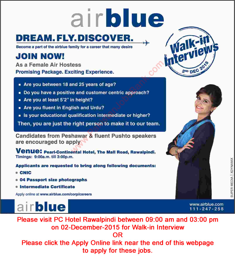 Air Blue Jobs November 2015 December Air Hostess / Female Cabin Crew Walk in Interviews Schedule Latest