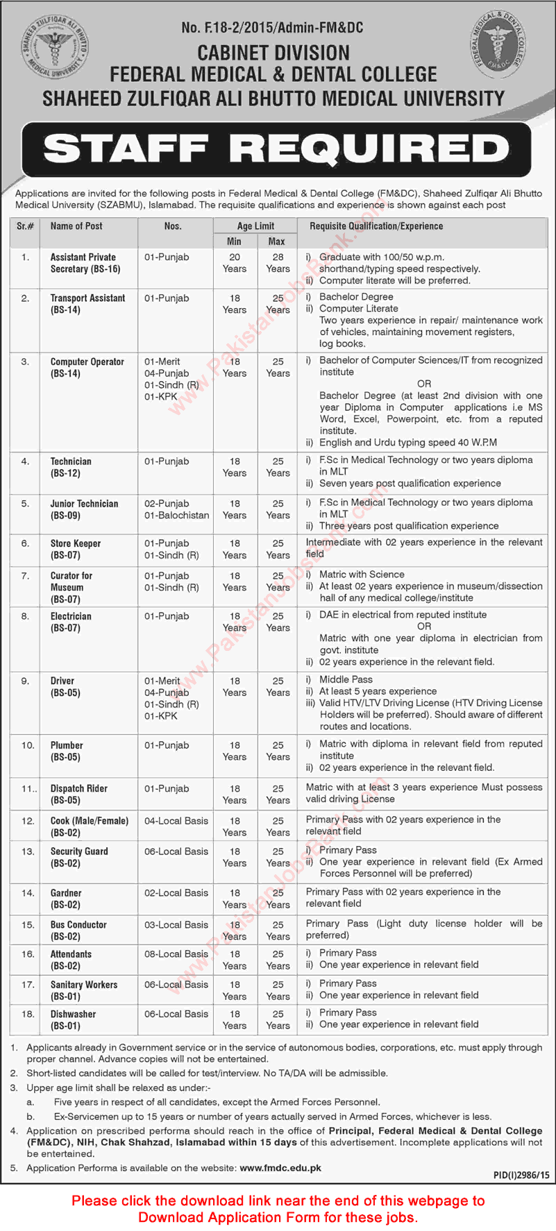 Federal Medical and Dental College Islamabad Jobs December 2015 SZAMBU Application Form Download Latest