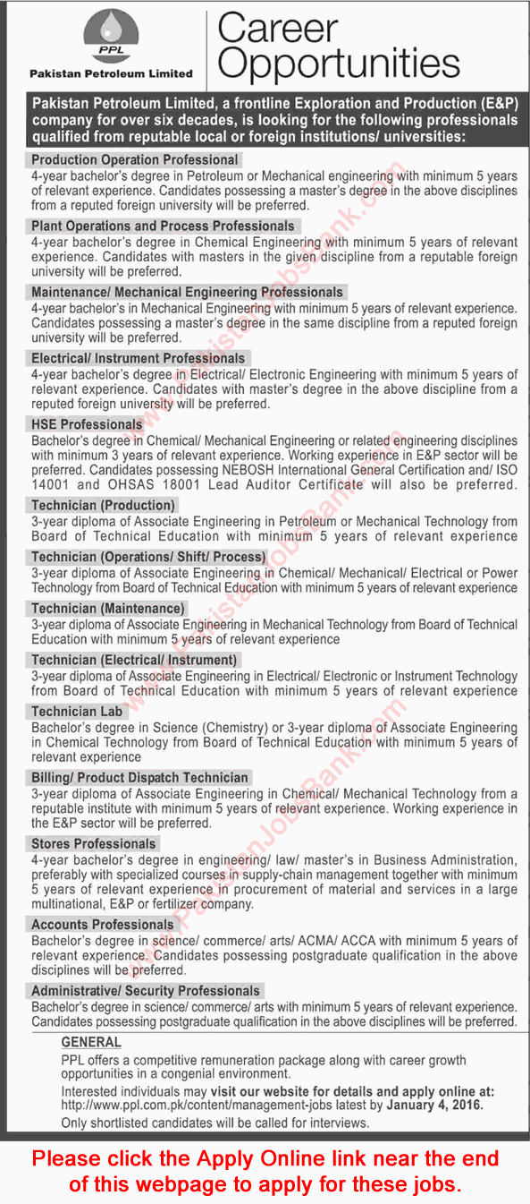 Pakistan Petroleum Limited Jobs December 2015 PPL Apply Online Engineers, Technicians & Others Latest