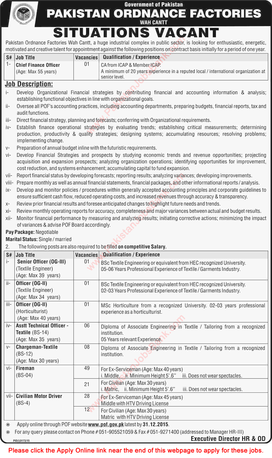 Pakistan Ordnance Factories Wah Cantt Jobs December 2015 POF Apply Online Latest Advertisement