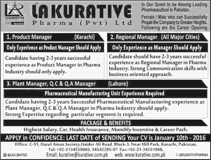 Kurative Pharma Jobs December 2015 / 2016 Pakistan Regional Managers & Product / Plant / QC / QA Managers