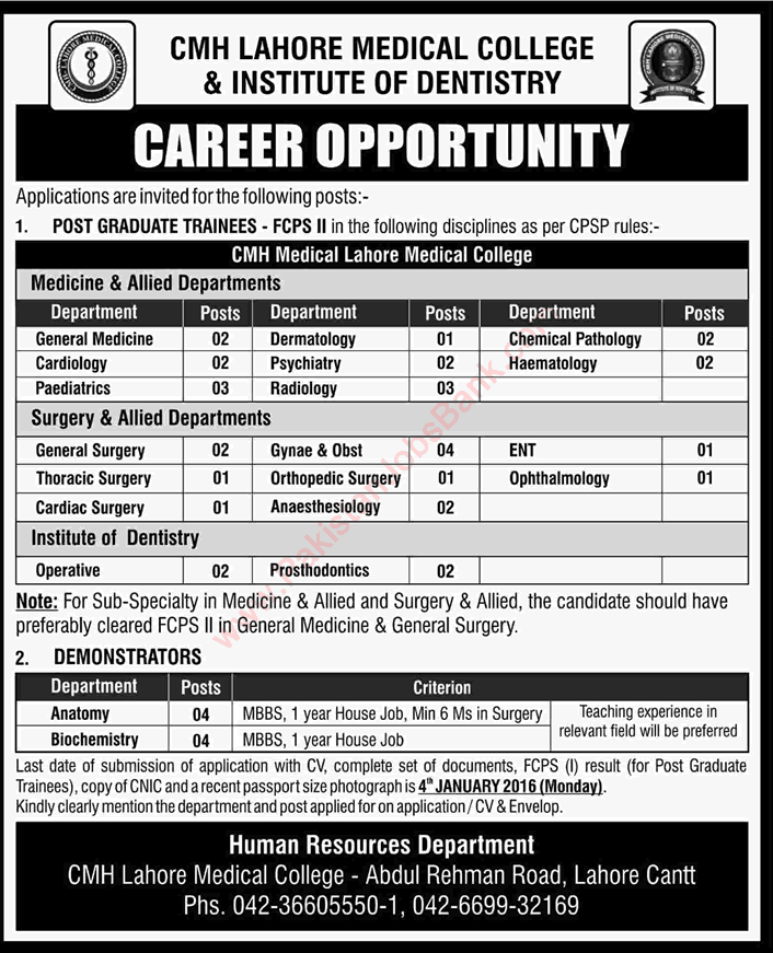 CMH Lahore Medical College Jobs December 2015 / 2016 FCPS-II Postgraduate Trainees & Demonstrators Latest