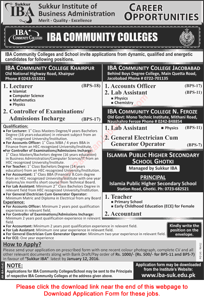 IBA Community Colleges Jobs December 2015 / 2016 Application Form Teaching Faculty & Admin Staff